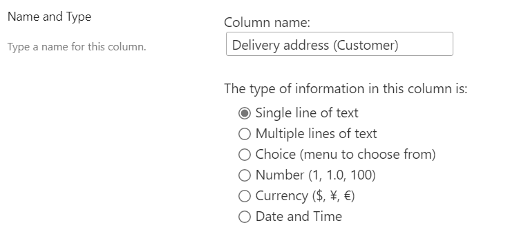 SharePoint Column Delivery address (Customer)