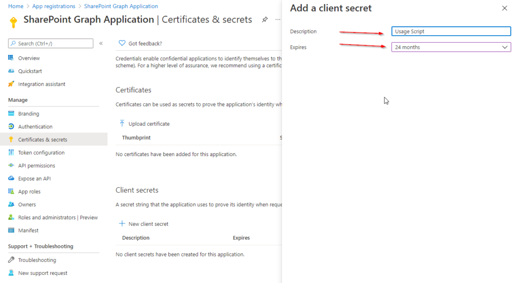 Usage Scripts client secret for Graph API
