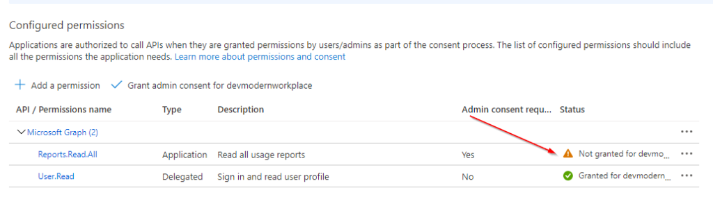 not granted permissions screenshot for Graph API