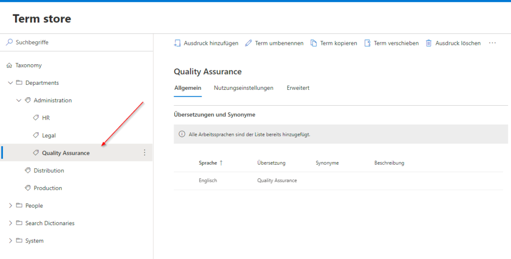 Screenshot of the term group Quality assurance in the term store before changing it
