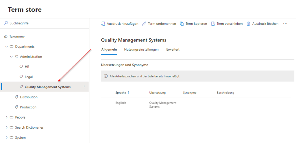 Screenshot of the term group Quality assurance in the term store after changing it