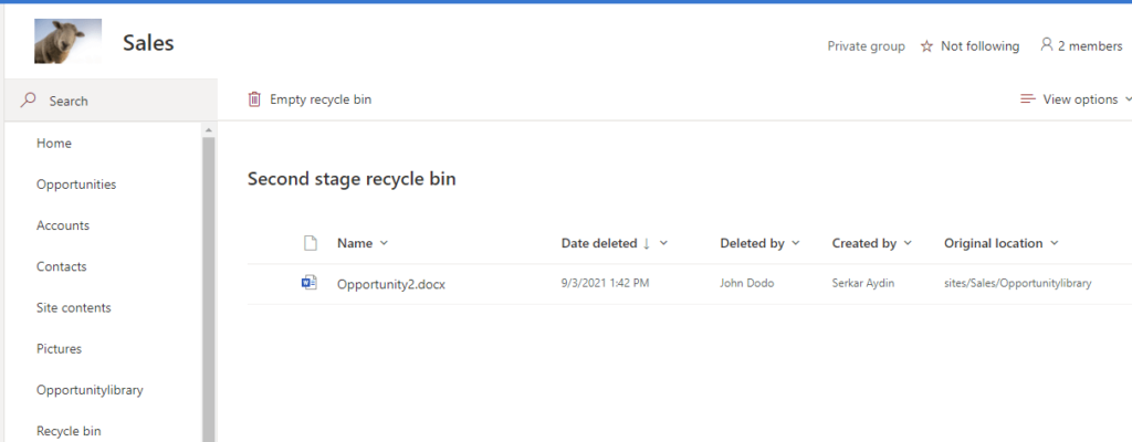 Screenshot of the second stage recycle bin