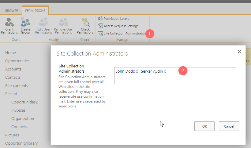 Screenshot of site collection administrators