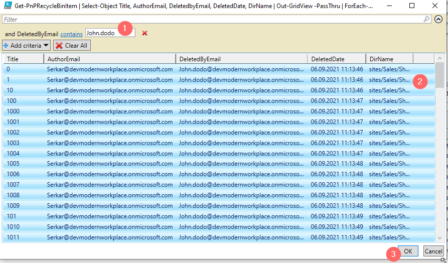 Screenshot of the out gridview output, which shows the SharePoint files, before the restore filtered on John.Dodo