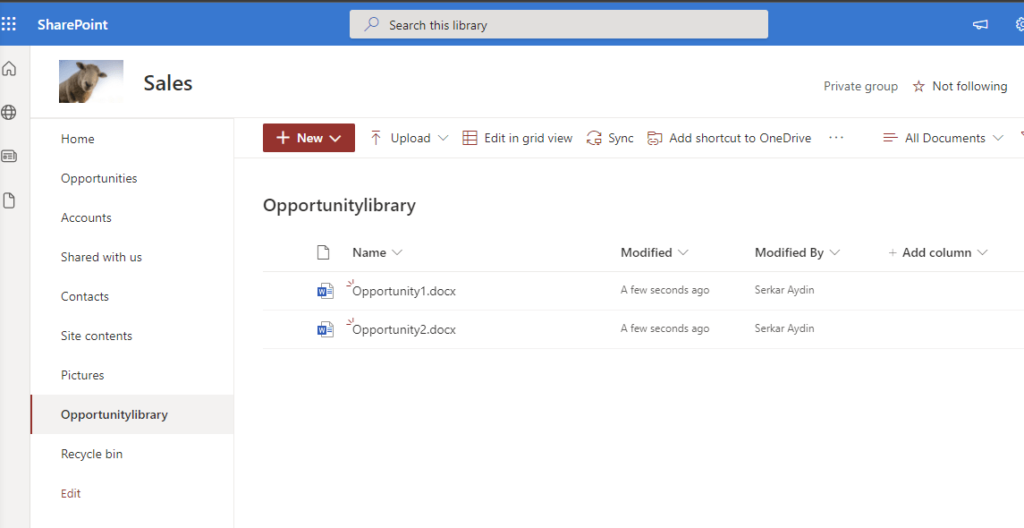 Screenshot of the document library Opportunitylibrary