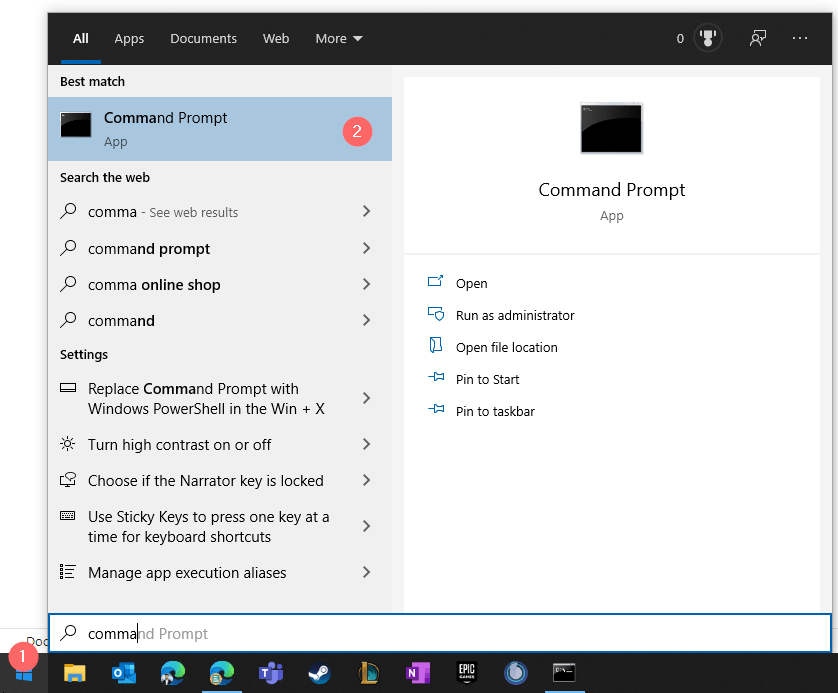 Screenshot of Windows Menu with Command Prompt in it