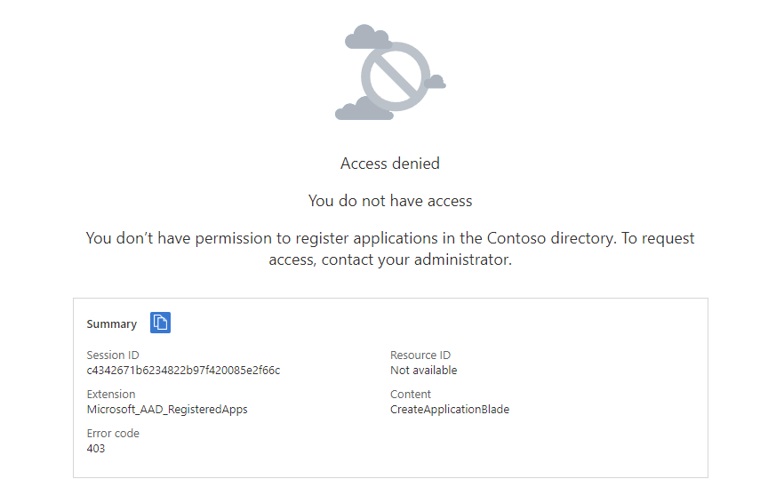 Screenshot of access denied page when creating an app registration