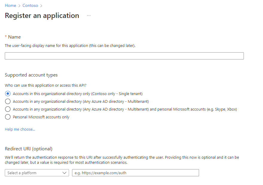 Screenshot of register an application in azure portal