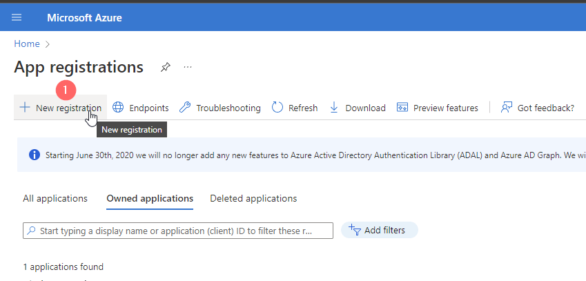 Create a new Azure App registration Screenshot