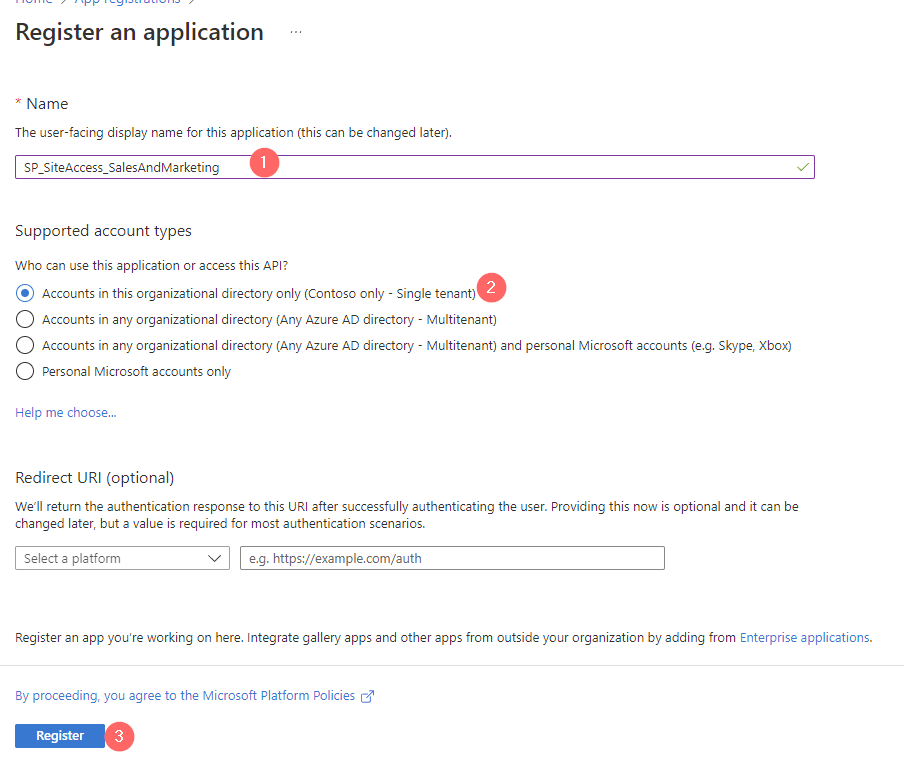 Registration of new App registration in Azure Portal
