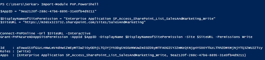 Screenshot of write permissions for Enterprise Application to create SharePoint list items using Graph API