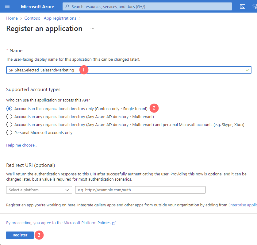 Screenshot on how to create the App registration in MS Azure