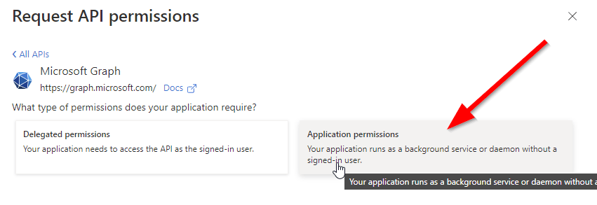 Screenshot of Application permission path of API permission
