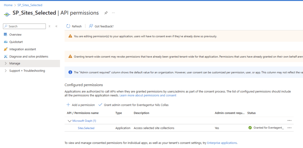 How to download files from SharePoint using Graph API (PowerShell) 3 Screenshot of app registration with sites selected permissions