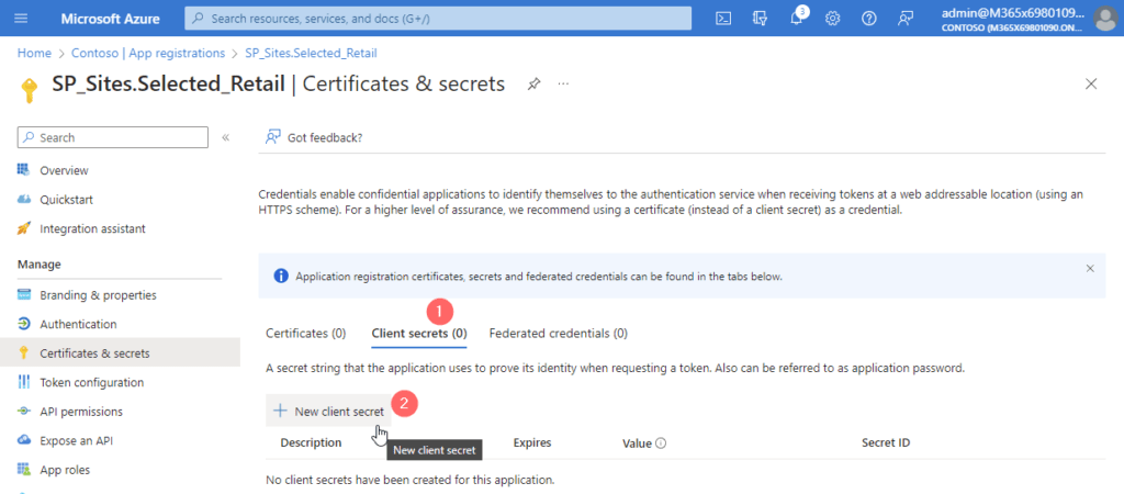 Screenshot of Selection for App Registration Authentication