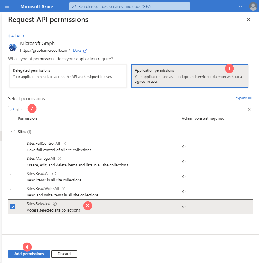 Screenshot of Microsoft Graph Permissions for SharePoint Sites