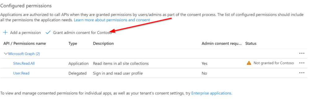 App registration for MS Graph with a hint how to grant permission for the current tenant