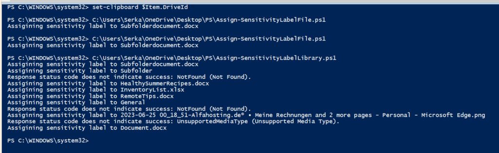Screenshot of PowerShell script highlighting that SharePoint files received the sensitivity labels
