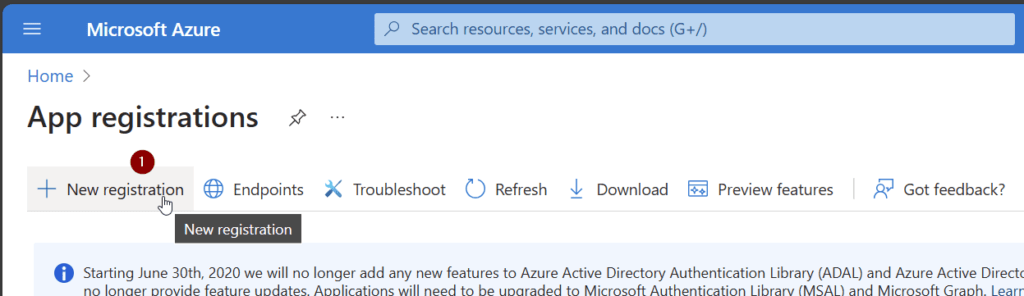 Link to new registration in Microsoft Azure