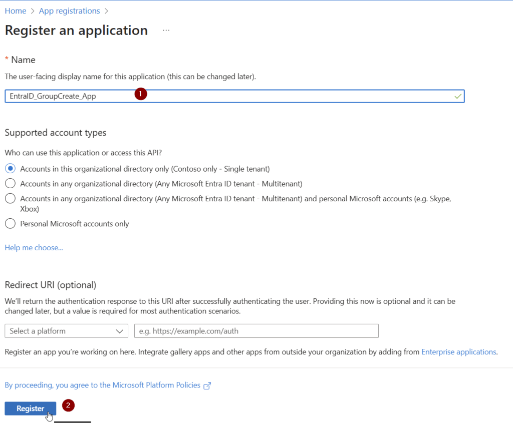 App registration form in Microsoft Azure