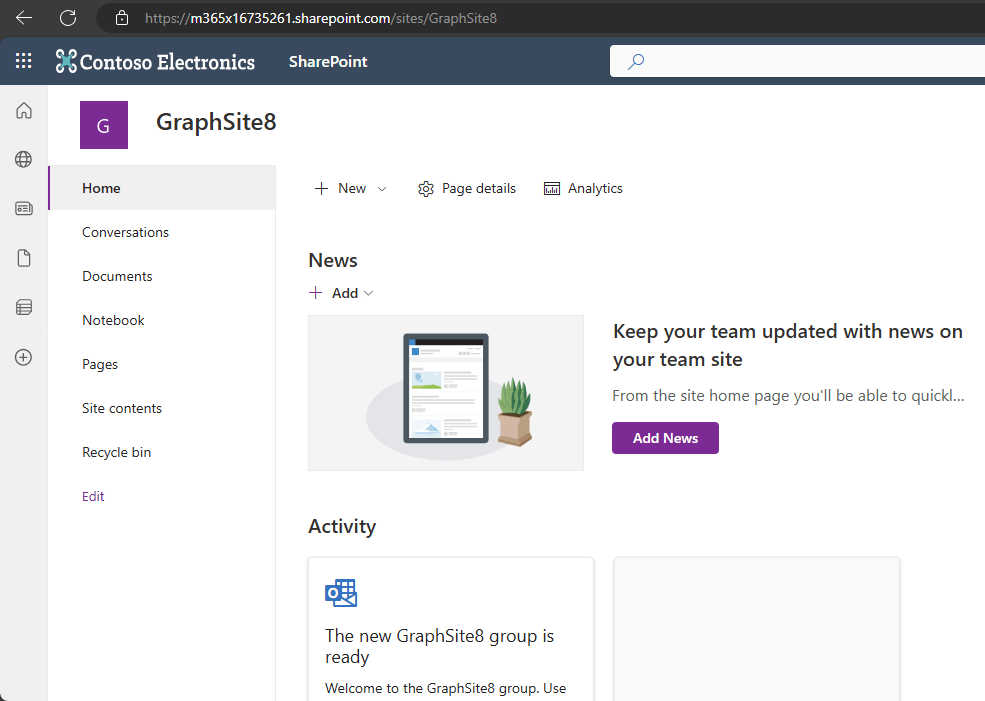 Screenshot of the SharePoint site created by the Graph call with PowerShell