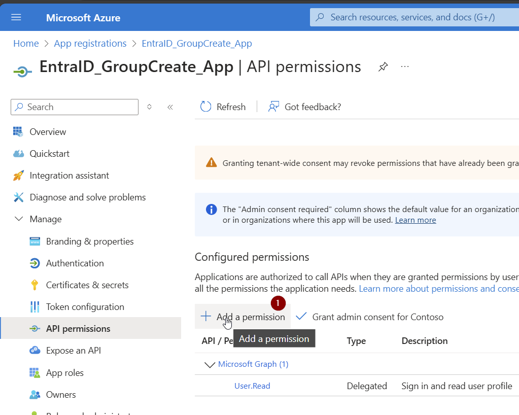 Add permissions link in Microsoft Azure