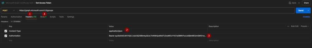 Header information of Create Group POST Call with MS Graph