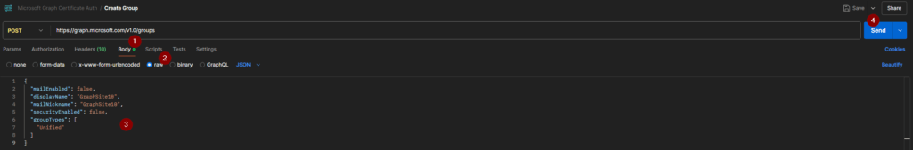 Body information of Create Group POST Call with MS Graph