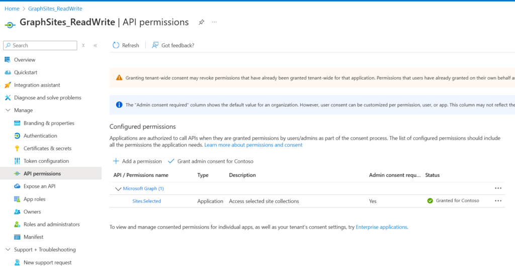 Granted Permissions to create SharePoint List Items with MS Graph